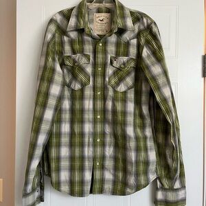 Hollister Green Plaid Pearl Snap Western Shirt Size Medium